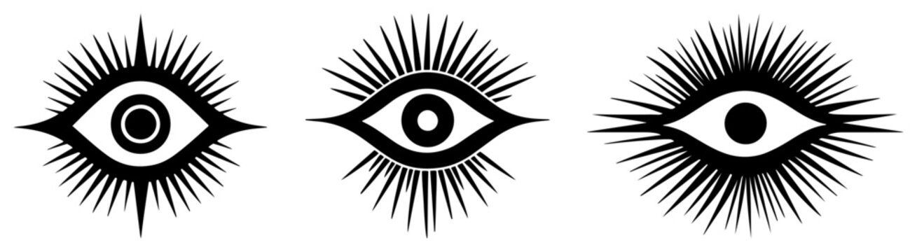 All seeing eye mystical symbols with sunburst rays in graphic vector style