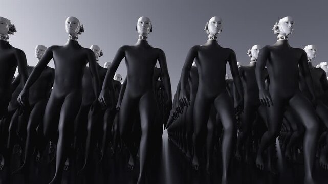 Endless 3d animation loop of humanoid cyborgs. Concept of total control, mass monitoring, privacy loss and futuristic corporate dictatorship.