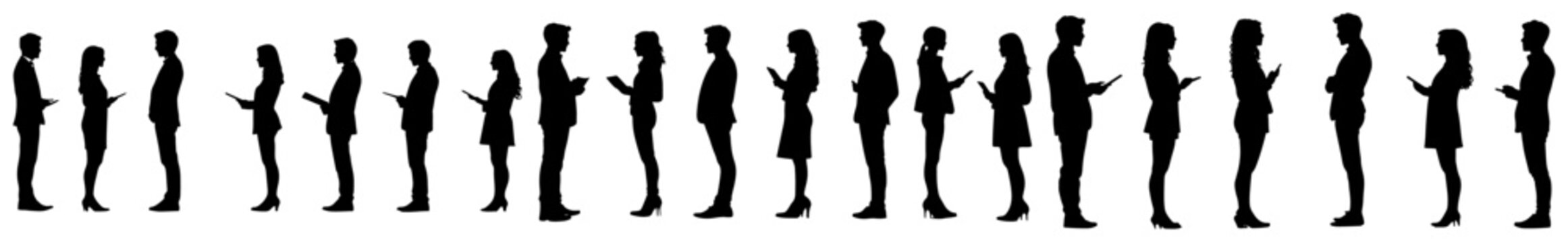 People silhouettes standing in long queue using mobile phones in flat graphic style