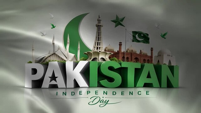 Pakistan Independence Day 3D typography with national landmarks, green and white patriotic background, 14 August celebration motion graphic
