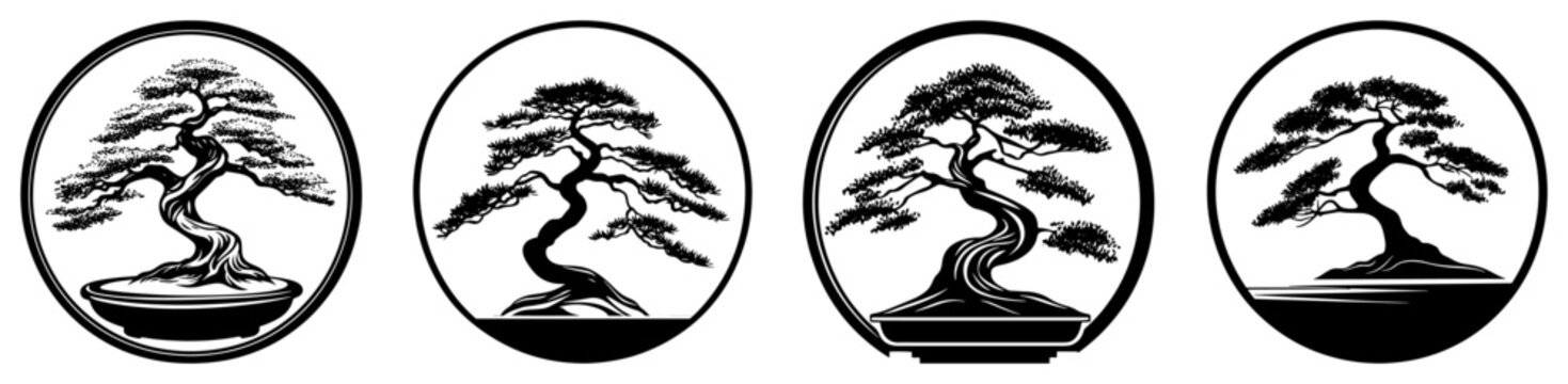 Bonsai trees inside circular frames in minimalist graphic line art style