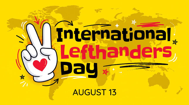 International Lefthanders Day August 13th celebration graphic with peace sign hand gesture
