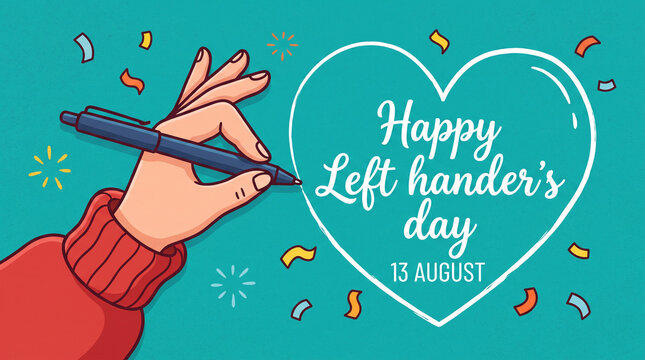 Cartoon illustration of a left hand writing 'Happy Left Hander's Day 13 August' inside a heart shape on a teal background