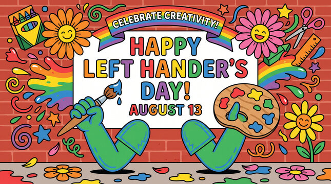 Vibrant cartoon illustration for Happy Left Hander's Day on August 13th with creative art supplies
