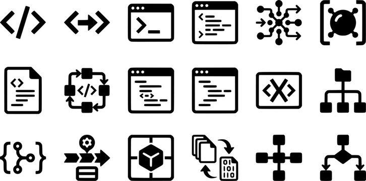 Coding and Software Development Glyph Icons Set Isolated on White Background, Programming Symbols, Source Code, Terminal, Workflow and Developer Tools Collection