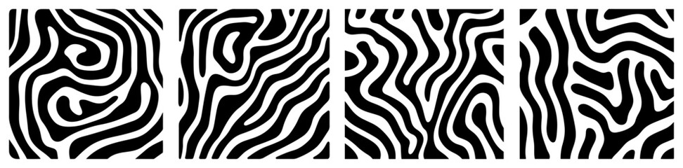 Fototapeta premium Organic wavy patterns with labyrinth line texture in black and white square frames