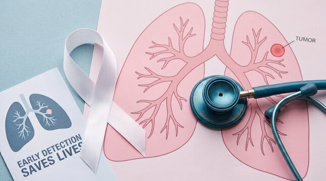 Lung cancer awareness flat lay with stethoscope, white ribbon, and early detection card on light background