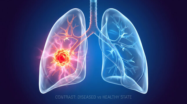 3D illustration of human lungs contrasting a diseased state with a healthy one on a dark blue background