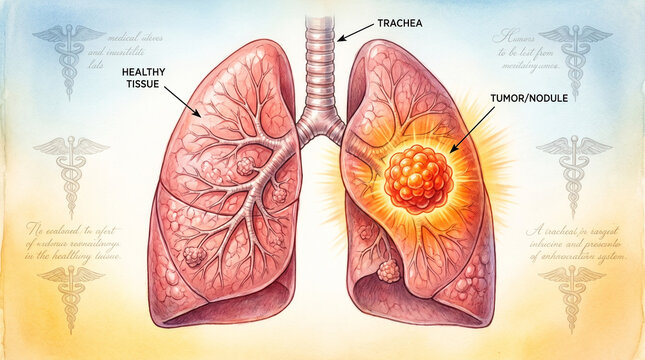 Detailed watercolor illustration of human lungs showing healthy tissue and a glowing tumor/nodule with trachea