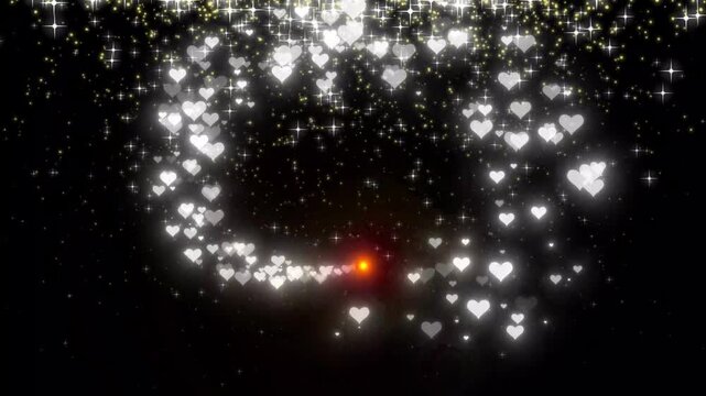 Glowing 2D star sparkle animation, Magic sparkles, glitter line heart, shimmering starlight trail, fast glittering heart lines, glitter confetti trail on black background, seamless loop 4k overlay