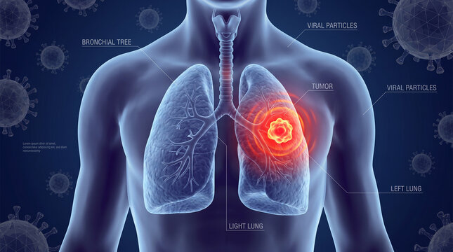 3D medical illustration of human lungs with a cancerous tumor and viral particles on a dark blue background