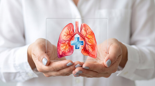 Detailed medical illustration of human lungs showing a healthy lung and a cancerous lung with a tumor, against a soft background