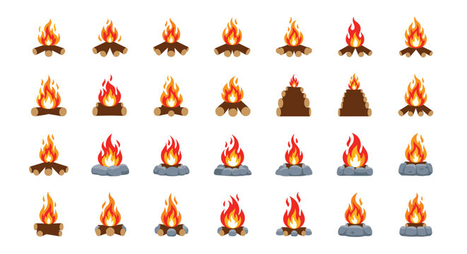 Large collection of campfire icons featuring various flame heights, firewood styles, and stone borders.