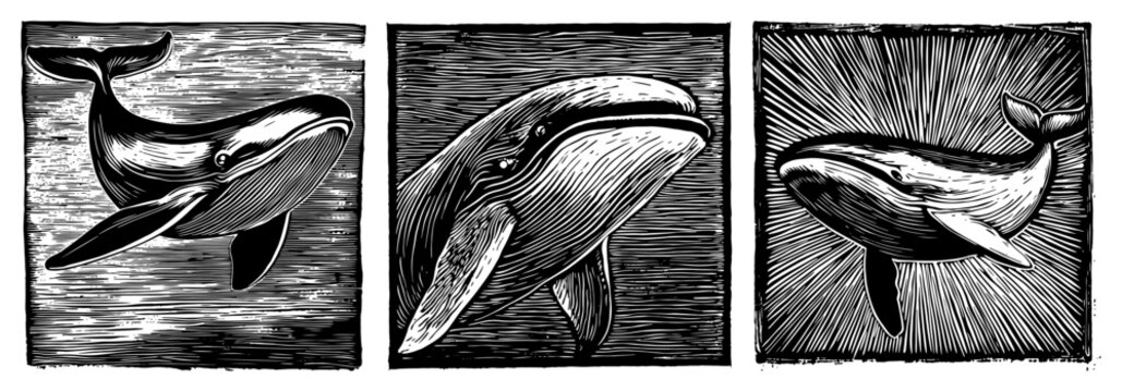 Whale marine animals swimming in the ocean depicted in vintage woodcut style