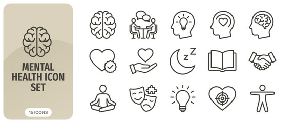Mental health line icon set vector outline icons for psychology, therapy, meditation, emotional wellness, brain, heart, sleep, mindfulness, and selfcare © Abir Creative Studio