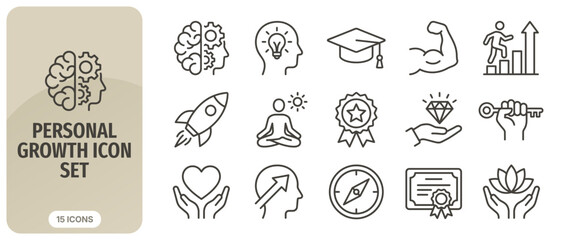 Obraz premium Personal growth icon set, vector illustration of human development, selfimprovement, education, motivation, success, mindfulness, and mental health concepts