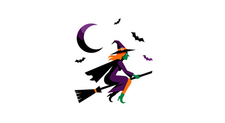 Fototapeta premium Halloween Witch Flying on Broomstick with Moon and Bats, Isolated
