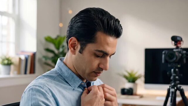 Man attaching a lapel microphone to his shirt in a home office setup