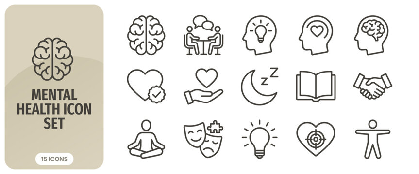 Mental health line icon set vector outline icons for psychology, therapy, meditation, emotional wellness, brain, heart, sleep, mindfulness, and selfcare