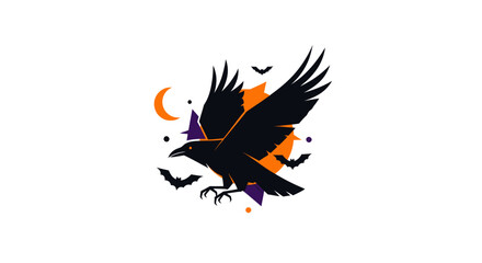 Obraz premium Halloween Raven Flying with Bats and Moon - Spooky Night Graphic