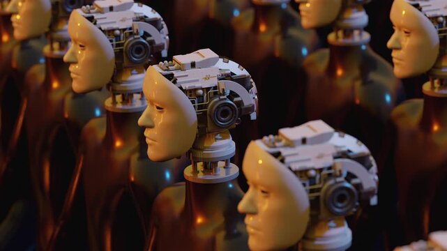 Endless 3d animation loop of humanoid cyborgs. Concept of total control, mass monitoring, privacy loss and futuristic corporate dictatorship.