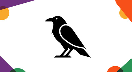 Obraz premium Black Crow Silhouette on White Background with Colorful Shapes