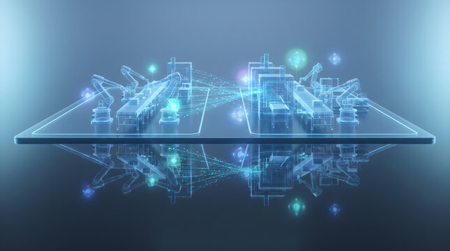Abstract Digital Twin Simulation Concept with Holographic Factory Floor and Data Nodes