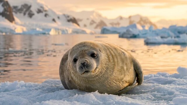 crabeater seals resting on antarctica coast golden light close up video