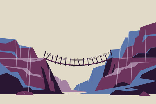 Wooden suspension rope bridge hanging over a deep canyon gap between purple mountains on a plain background.