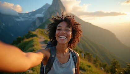 Naklejka premium Woman smiles for selfie on mountain path. Female hiker with backpack enjoys scenic vista at sunrise. She walks on trail, feels freedom, shares joy.