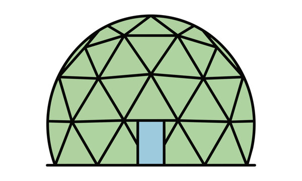 Minimalist line art icon of a modern geodesic dome greenhouse with triangular panels on a white background sustainable architecture concept