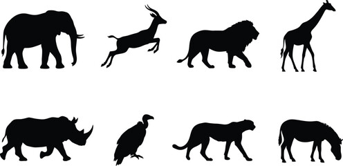 Fototapeta premium African Wildlife Animal Silhouettes Collection Featuring Elephant, Lion, Giraffe, Zebra, and Other Iconic Species