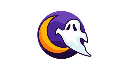 Fototapeta premium Cute ghost with crescent moon and night sky illustration, cartoon style