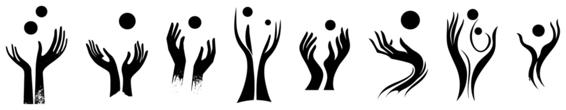 Stylized hands holding circular orbs in elegant line art silhouette style