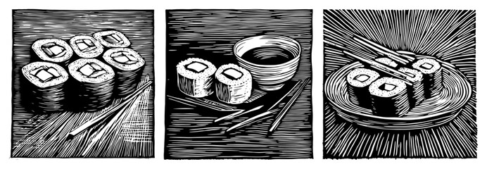 Sushi rolls with chopsticks and soy sauce bowl in traditional woodcut engraving style © Aisha Kudorova