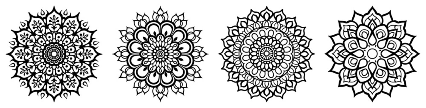Mandala circular ornaments and sacred geometry patterns in clean line art style