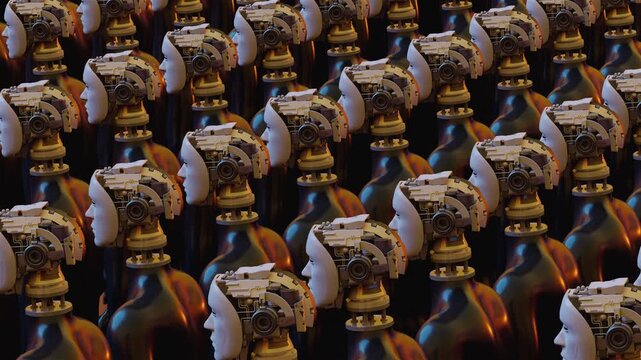 Endless 3d animation loop of humanoid cyborgs. Concept of total control, mass monitoring, privacy loss and futuristic corporate dictatorship.