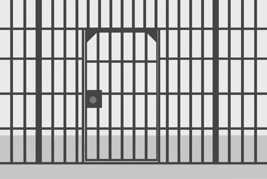 Dark grey metal prison bars and a locked jail cell door depicted in simple flat cartoon vector style.