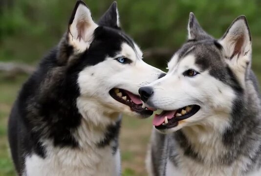 Siberian husky dogs playing outdoors, two beautiful purebred huskies with blue eyes in nature, playful domestic pets in a forest setting
