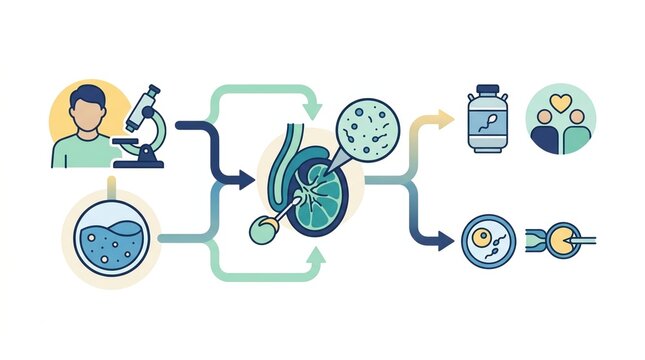 Illustration showing the connection between male fertility, sperm health, azoospermia, and related concepts like wellness and reproductive health.