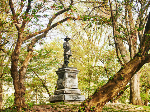 bronze statue, titled The Pilgrim, sculpted by John Quincy Adams Ward and depicts an early American settler, erected in 1885, Central Park, Manhattan, New York City