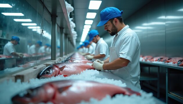 Workers process raw fish on a conveyor belt in a seafood factory. Men in blue caps and white shirts prepare fresh catch on ice, focusing on their tasks. Industrial food production takes place indoors.