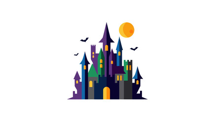 Naklejka premium Spooky Castle with Bats and Moon, Halloween Illustration