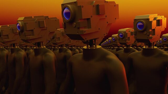 Endless 3d animation loop of humanoid cyborgs. Concept of total control, mass monitoring, privacy loss and futuristic corporate dictatorship.