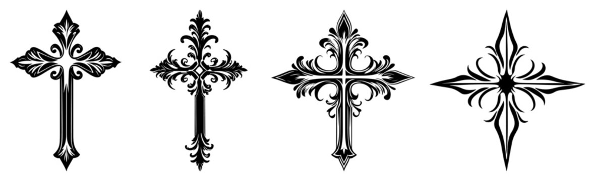 Decorative filigree crosses set in elegant gothic ornamental style
