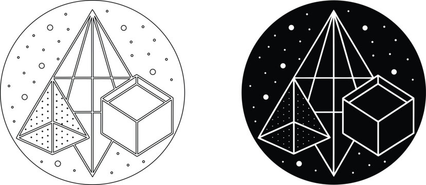Geometry set with pyramids and cubes inside circle on transparent background for mathematical and architectural design concepts.
