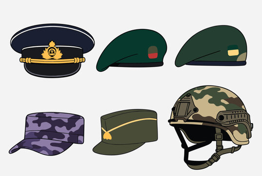 Collection of military headwear and hats including naval officer cap green berets camo field cap and combat helmet.