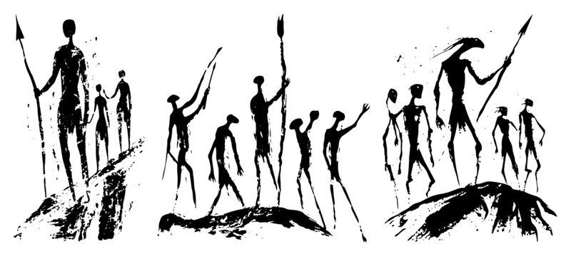 Prehistoric hunters with spears in ancient cave painting style