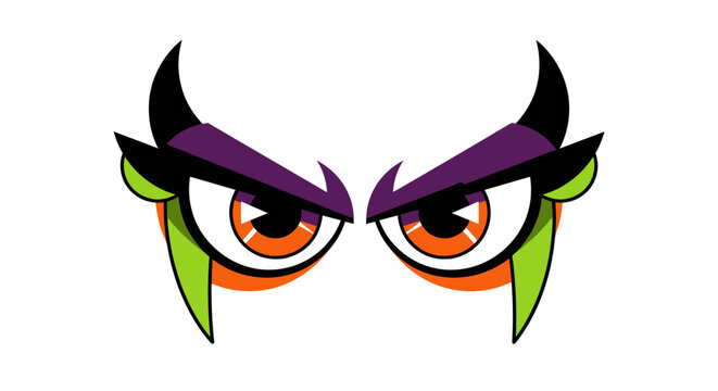 Cartoon Eyes with Horns, Purple and Green Makeup, Orange Iris, Isolated on White