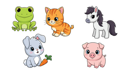 Fototapeta premium Cute cartoon baby animals collection featuring green frog orange kitten pony rabbit with carrot and pink pig.